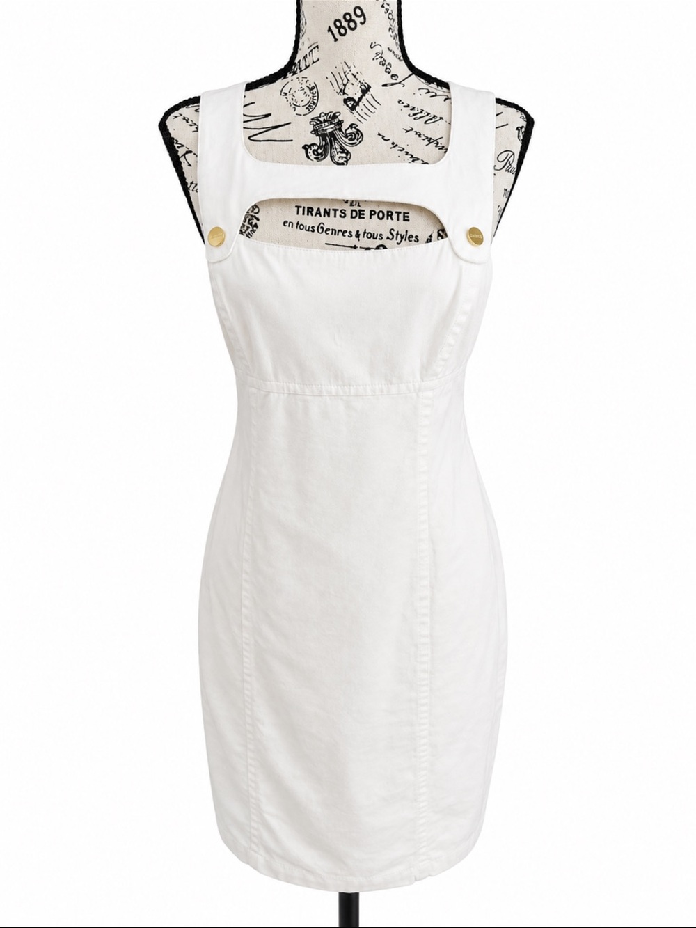 Marciano by GUESS White Sheath Bodycon Dress Gold Logo Buttons Size 4